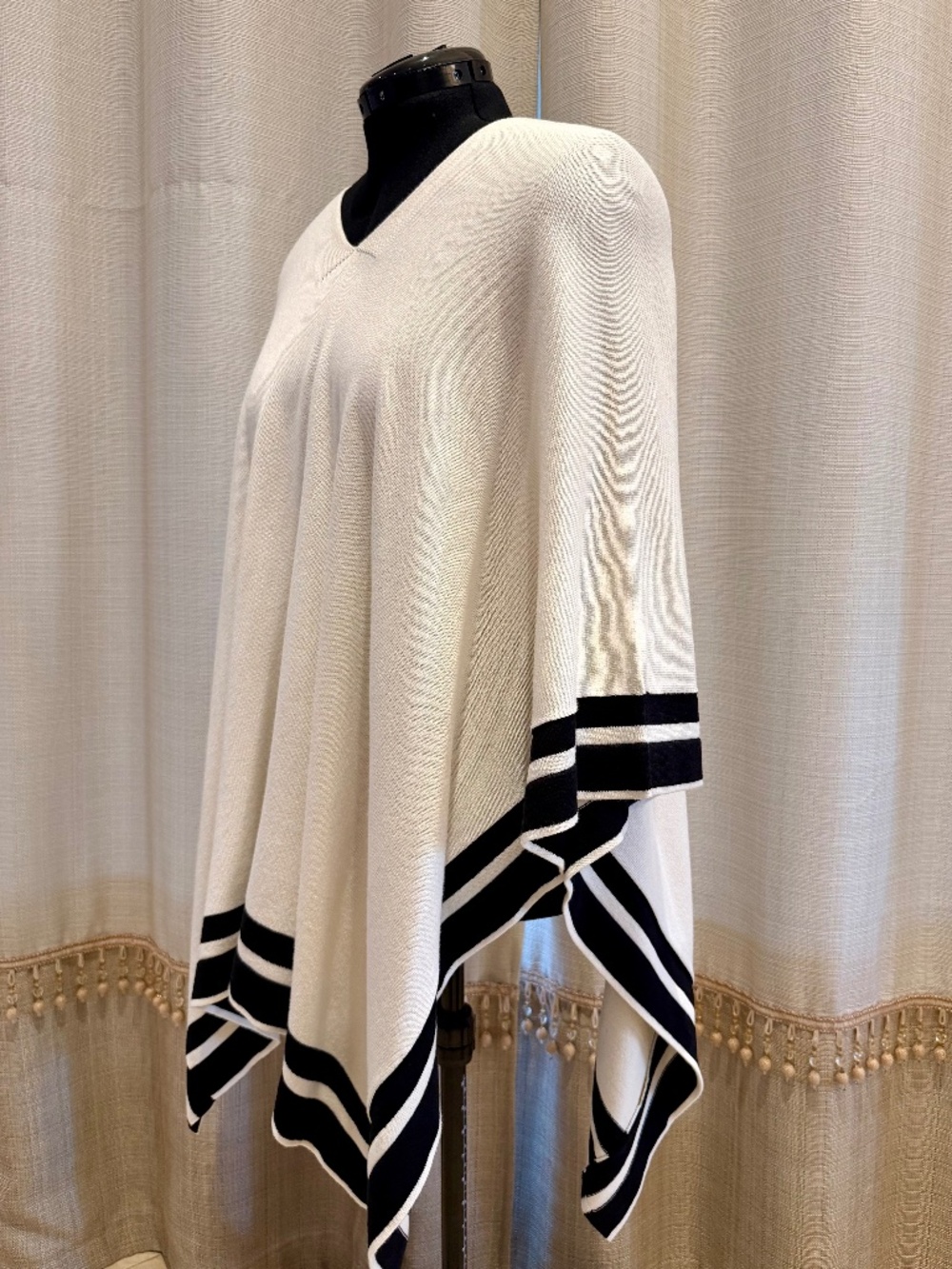 Vince Camuto Poncho Sweater S Ivory Black Striped V-Neck Knit Cape Wrap Top